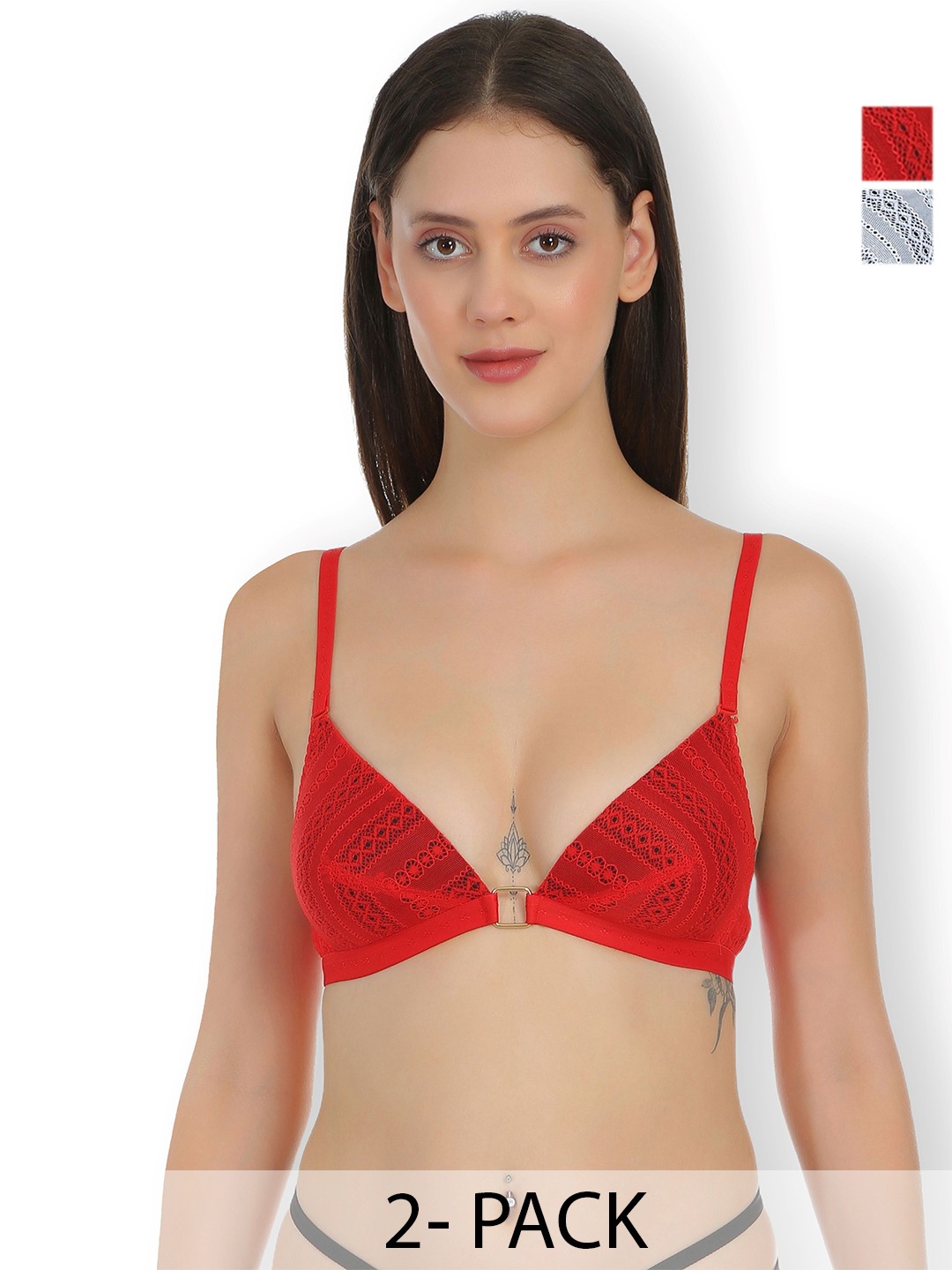 

SELFCARE Pack of 2 Embroided Half Coverage Net Plunge Bra With Adjustable Straps, Red