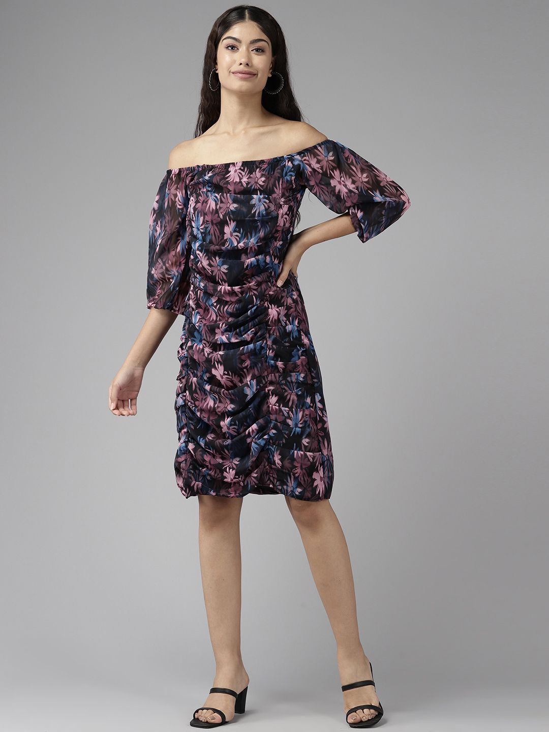

BAESD Floral Print Off-Shoulder Puff Sleeve Georgette A-Line Dress, Black