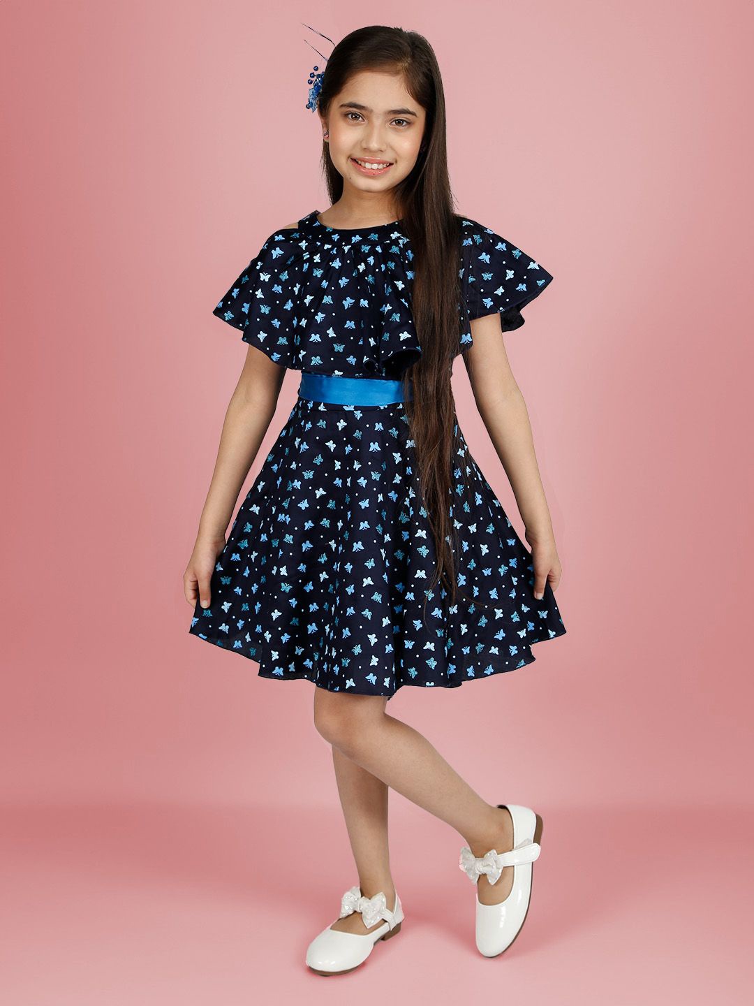 

Naughty Ninos Girls Printed Flutter Sleeve Fit & Flare Dress, Navy blue