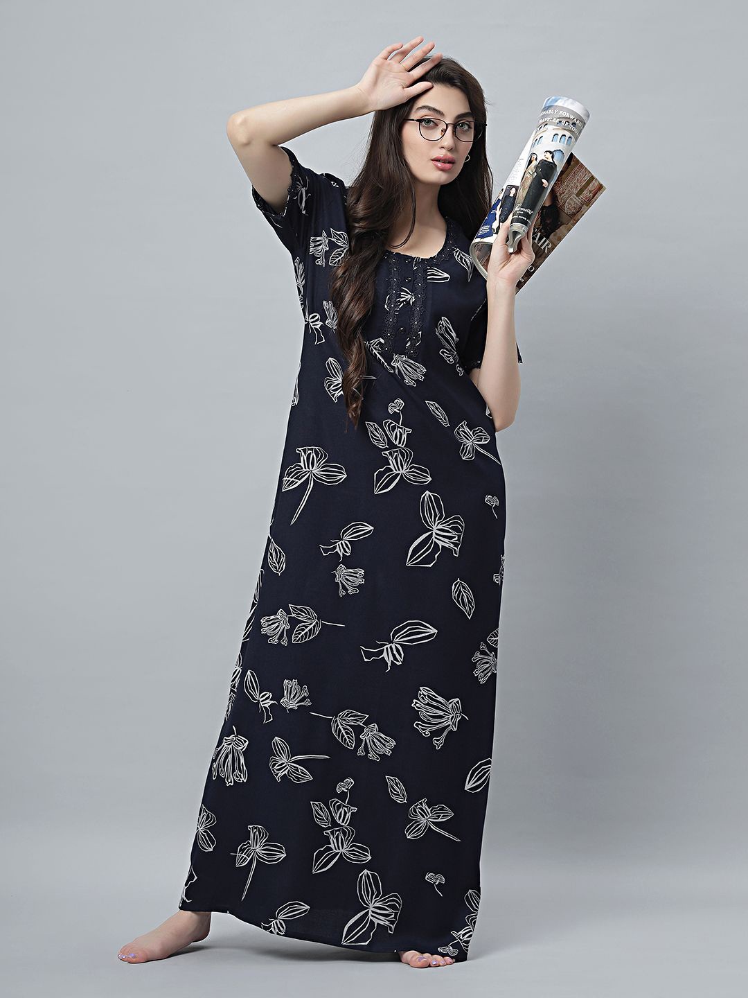 

QUIRA Women Round Neck Printed Maxi Nightdress, Navy blue