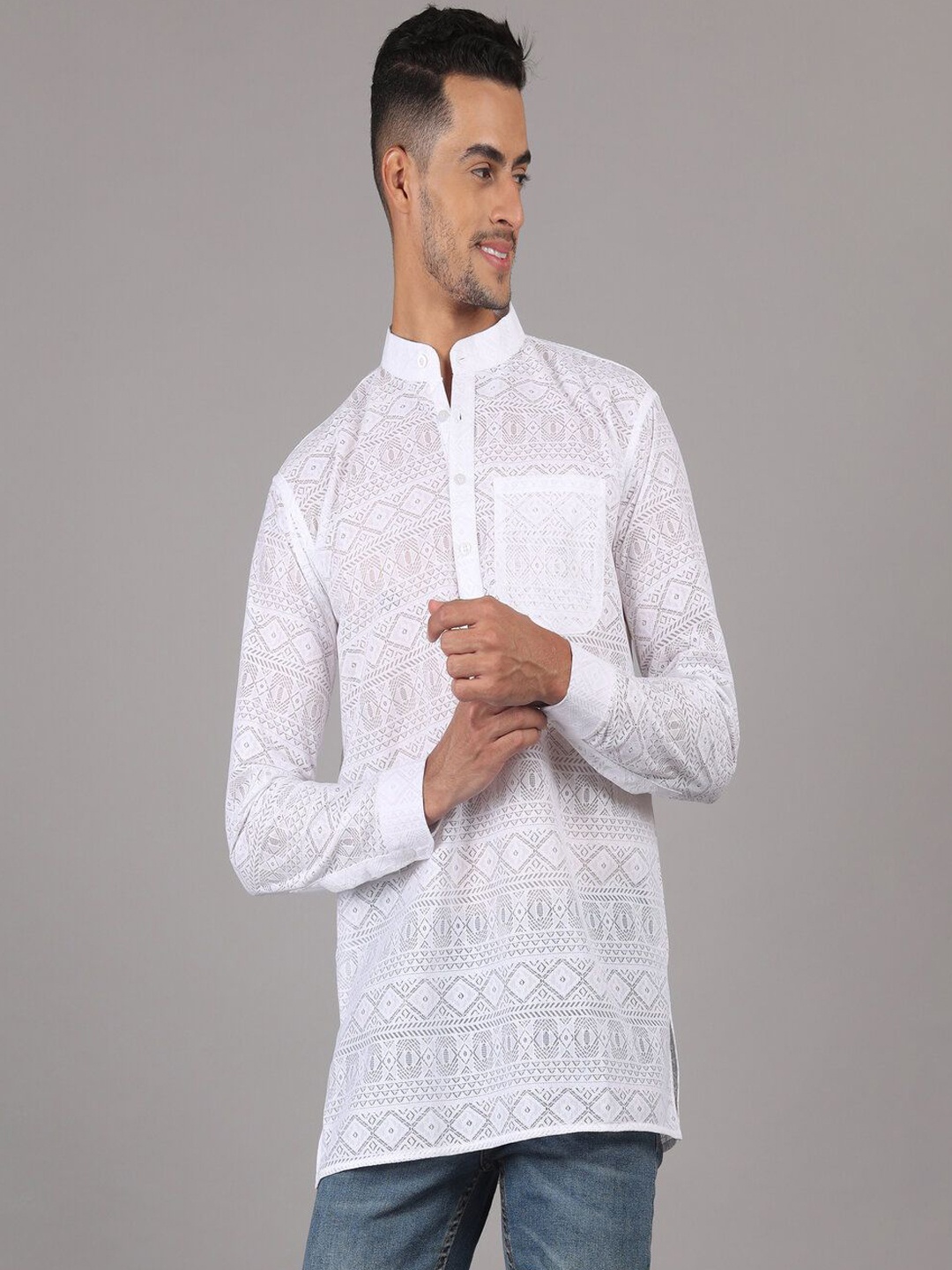 

RIAG Geometric Embroidered Band Collar Straight Kurta, White