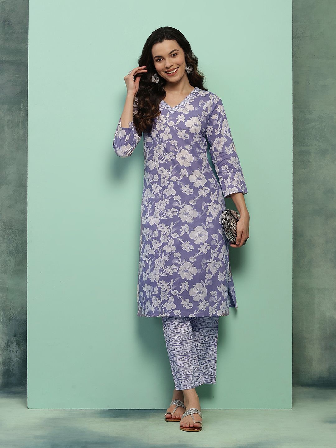 

House of Chikankari Floral Printed Pure Cotton Straight Kurta with Trousers, Purple