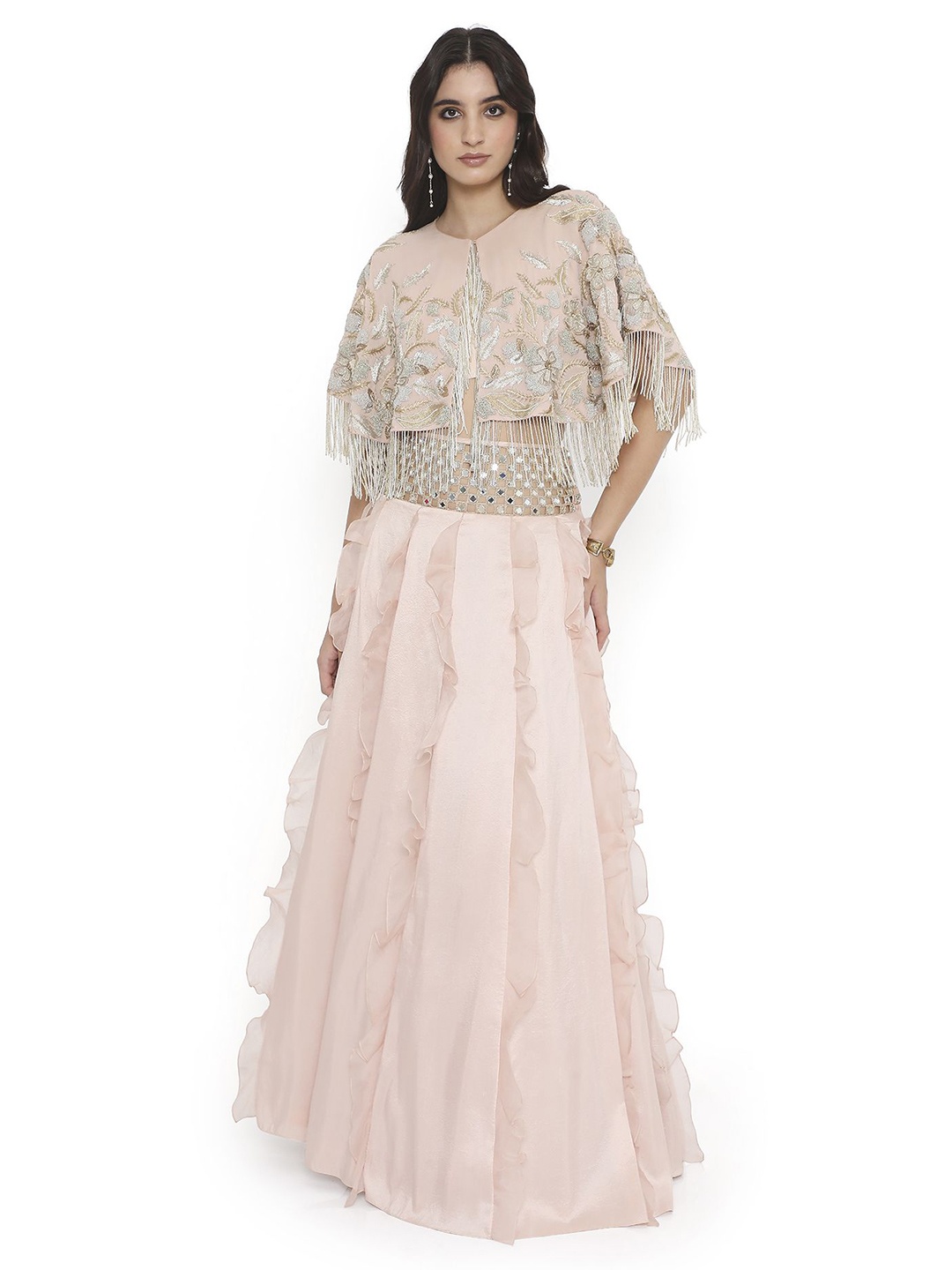 

Payal Singhal Embroidered Round Neck Top With Flared Skirt Co-Ords, Pink