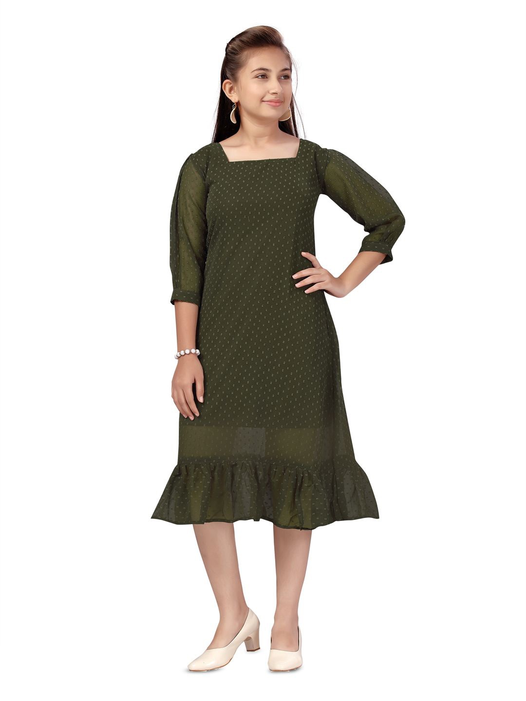 

BAESD Girls Polka Dot Print Puff Sleeve Georgette Fit & Flare Midi Dress, Green