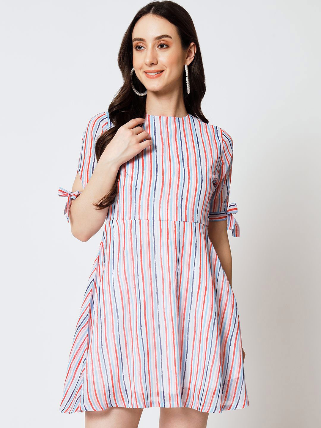 

Yaadleen Striped Slit Sleeves Fit & Flare Dress, Red