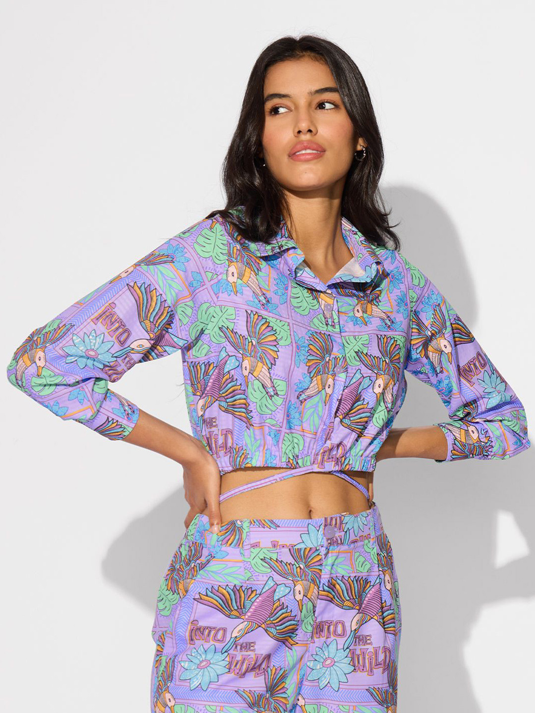 

The Souled Store Tropical Printed Shirt Style Crop Top, Lavender