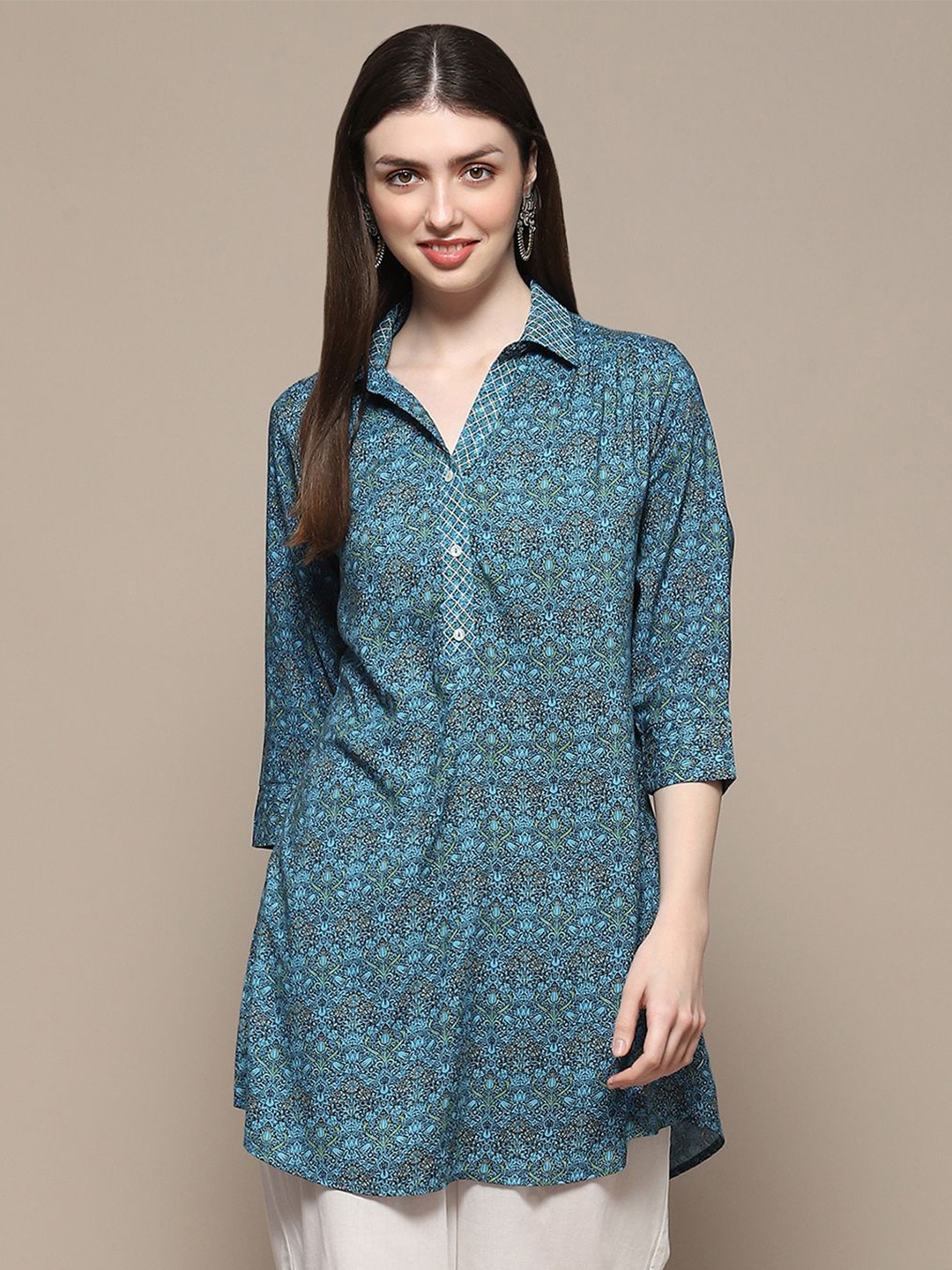 

Biba Women Spread Collar Floral Printed Viscose Rayon Casual Shirt, Green