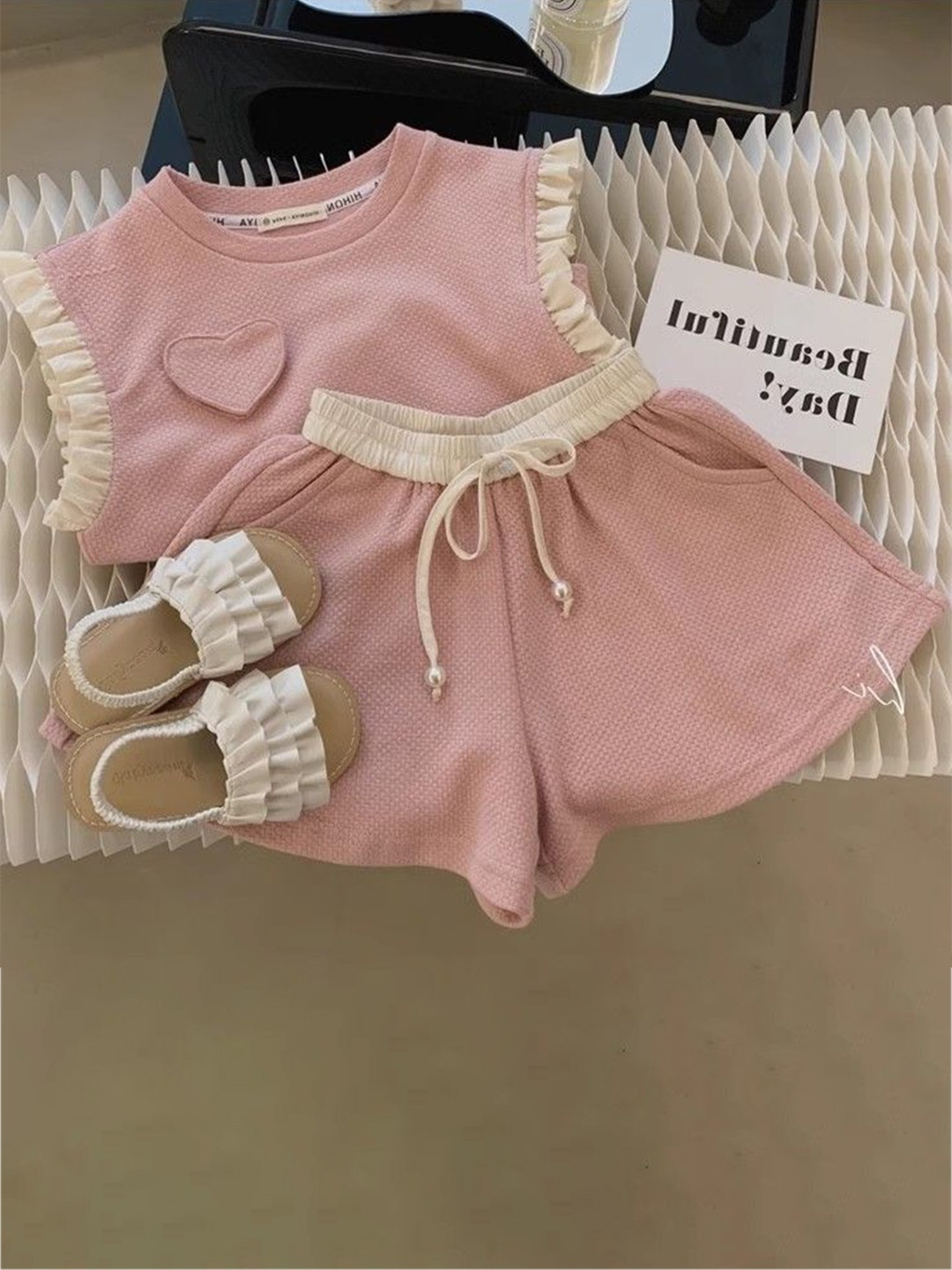 

StyleCast x Revolte Girls Self Design Sleeveless Pure Cotton Top With Shorts, Pink