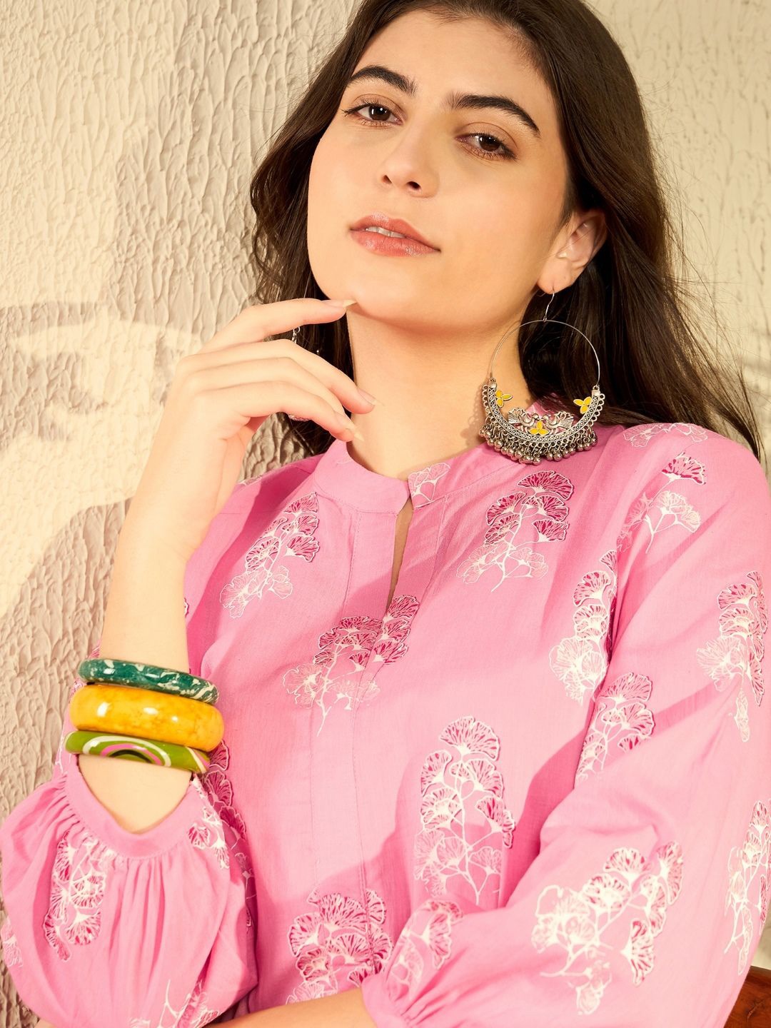 

AHIKA Floral Print Mandarin Collar Top, Pink