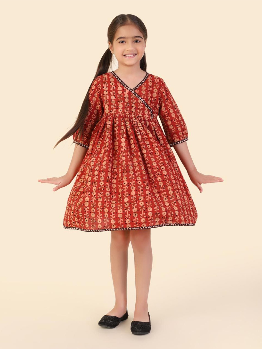 

Fabindia Girls Floral Print A-Line Dress, Red