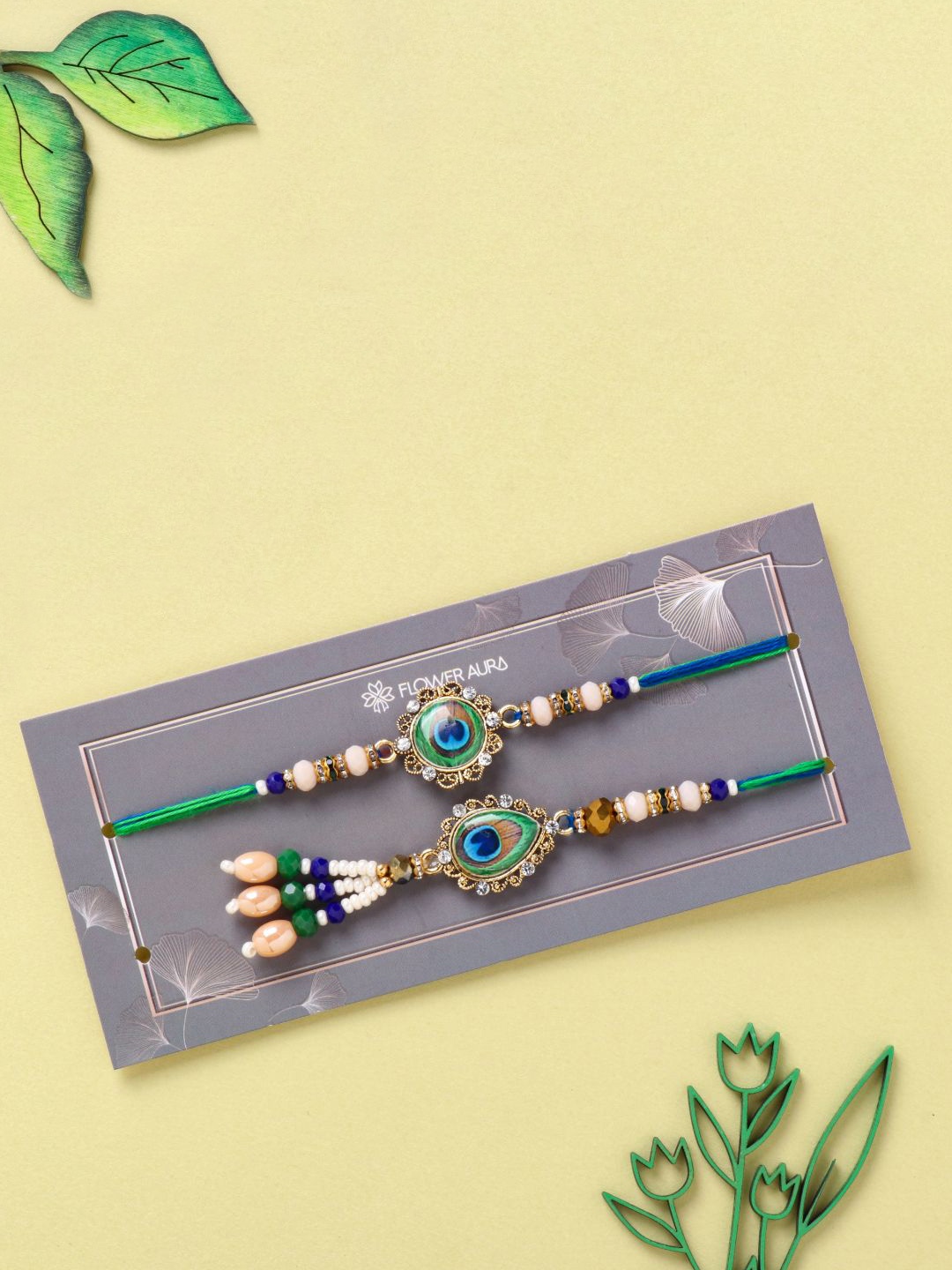 

Floweraura Designer Peacock Bhaiya Bhabhi Rakhi Bracelet With Roli Chawal, Green