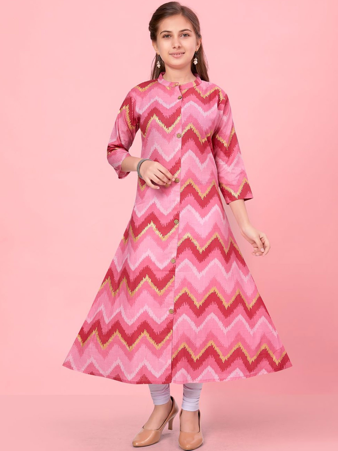 

BAESD Girls Chevron Printed Mandarin Collar Cotton A-Line Kurta, Pink