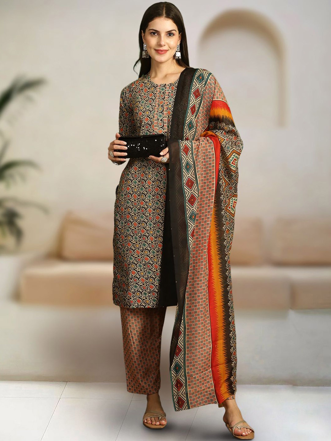 

7Threads Ethnic Motifs Printed Pure Cotton Straight Kurta with Trousers & Dupatta, Brown