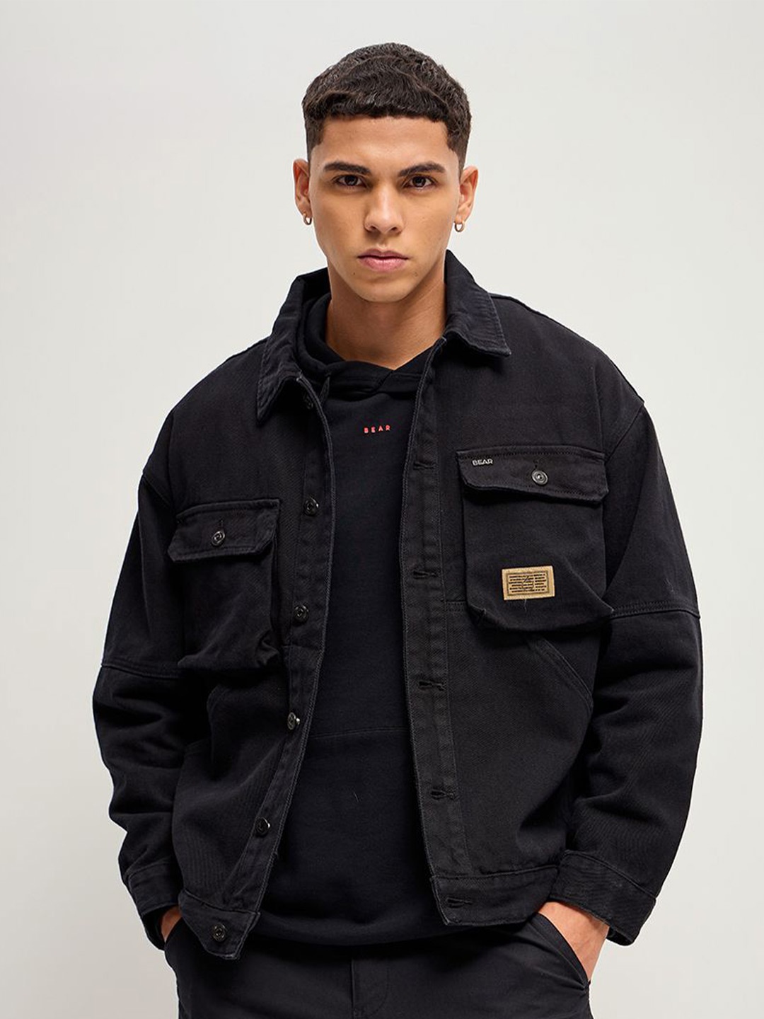 

THE BEAR HOUSE Men Solid Spread Collar Jacket, Black