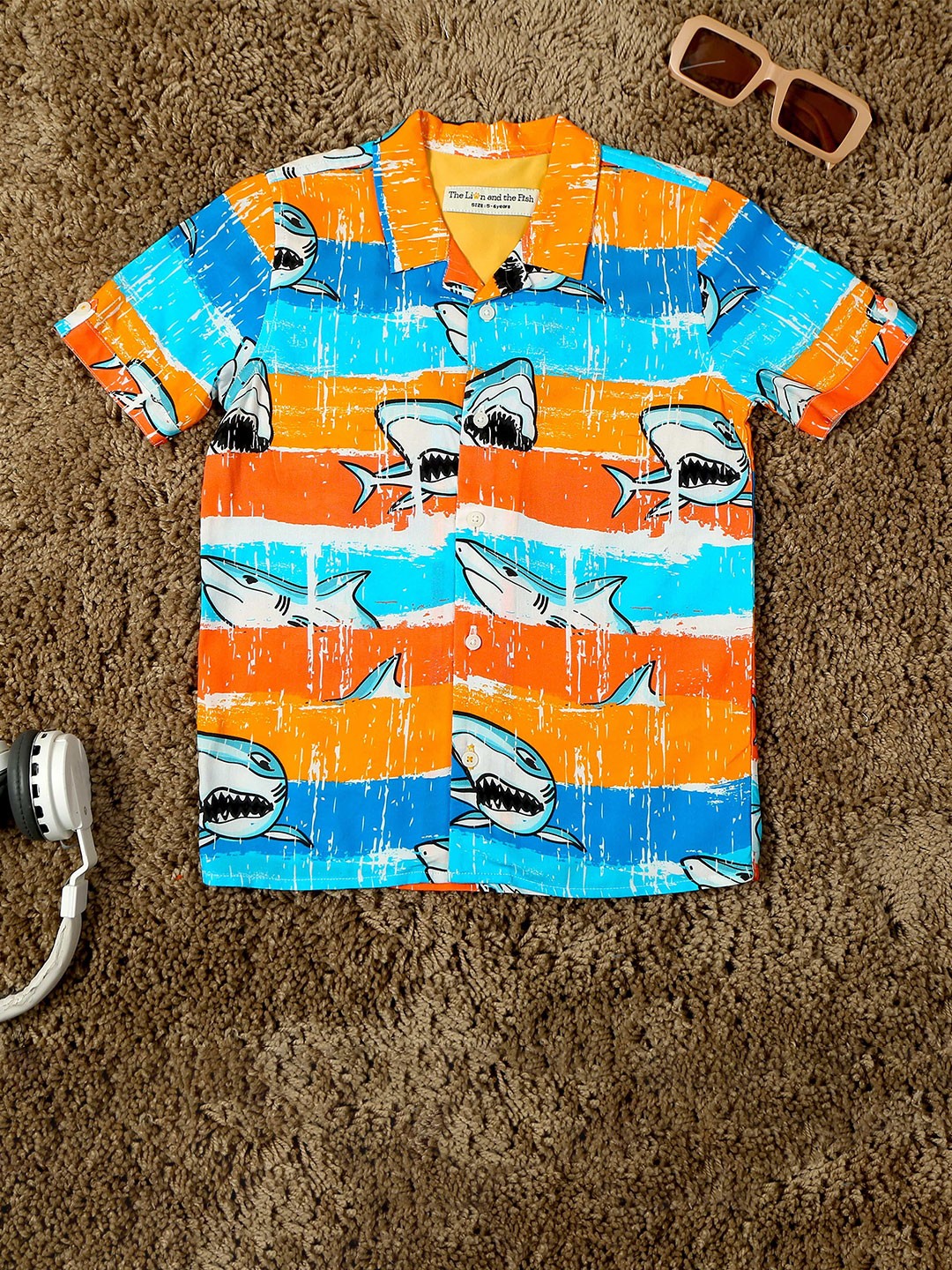 

The Lion and The Fish Boys Comfort Cuban Collar Graphic Printed Relaxed Fit Casual Shirt, Blue