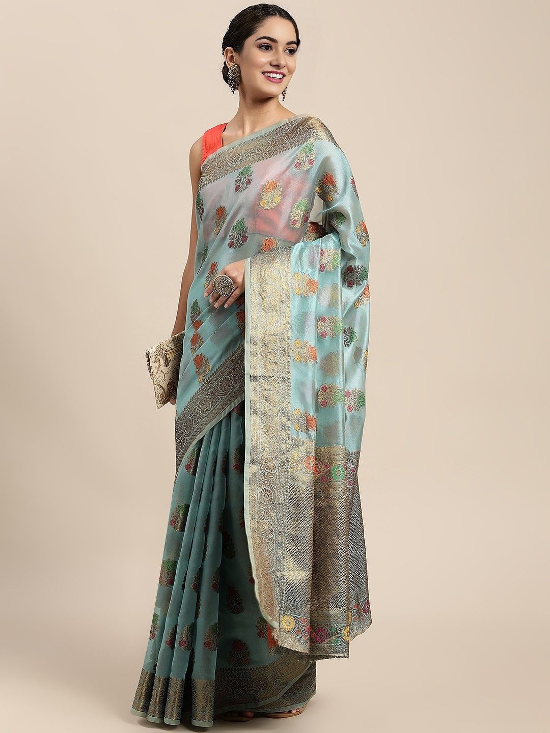 

KALINI Ethnic Motifs Zari Organza Banarasi Saree, Blue