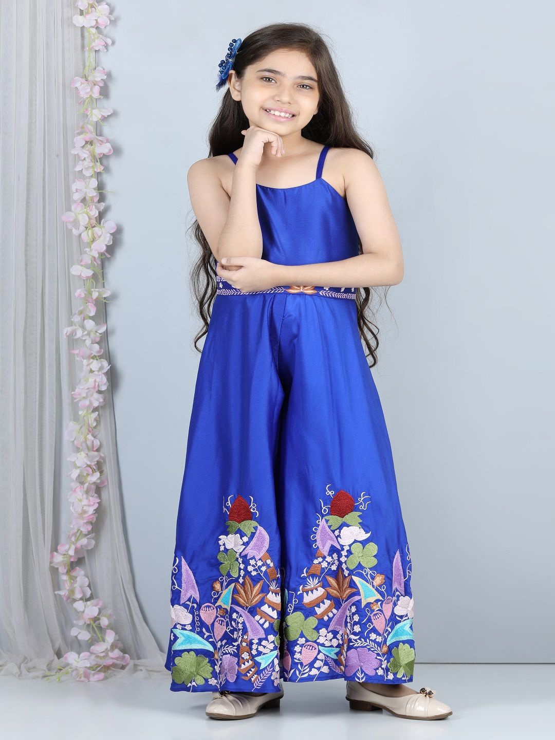 

THE LITTLE CELEBS Girls Embroidered Basic Jumpsuit, Blue