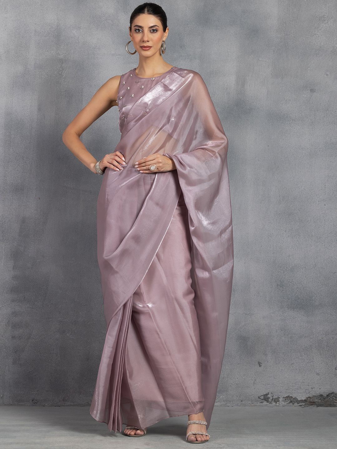 

Rang by Indya Organza Ready to Wear Solid Saree with Matching Blouse, Mauve