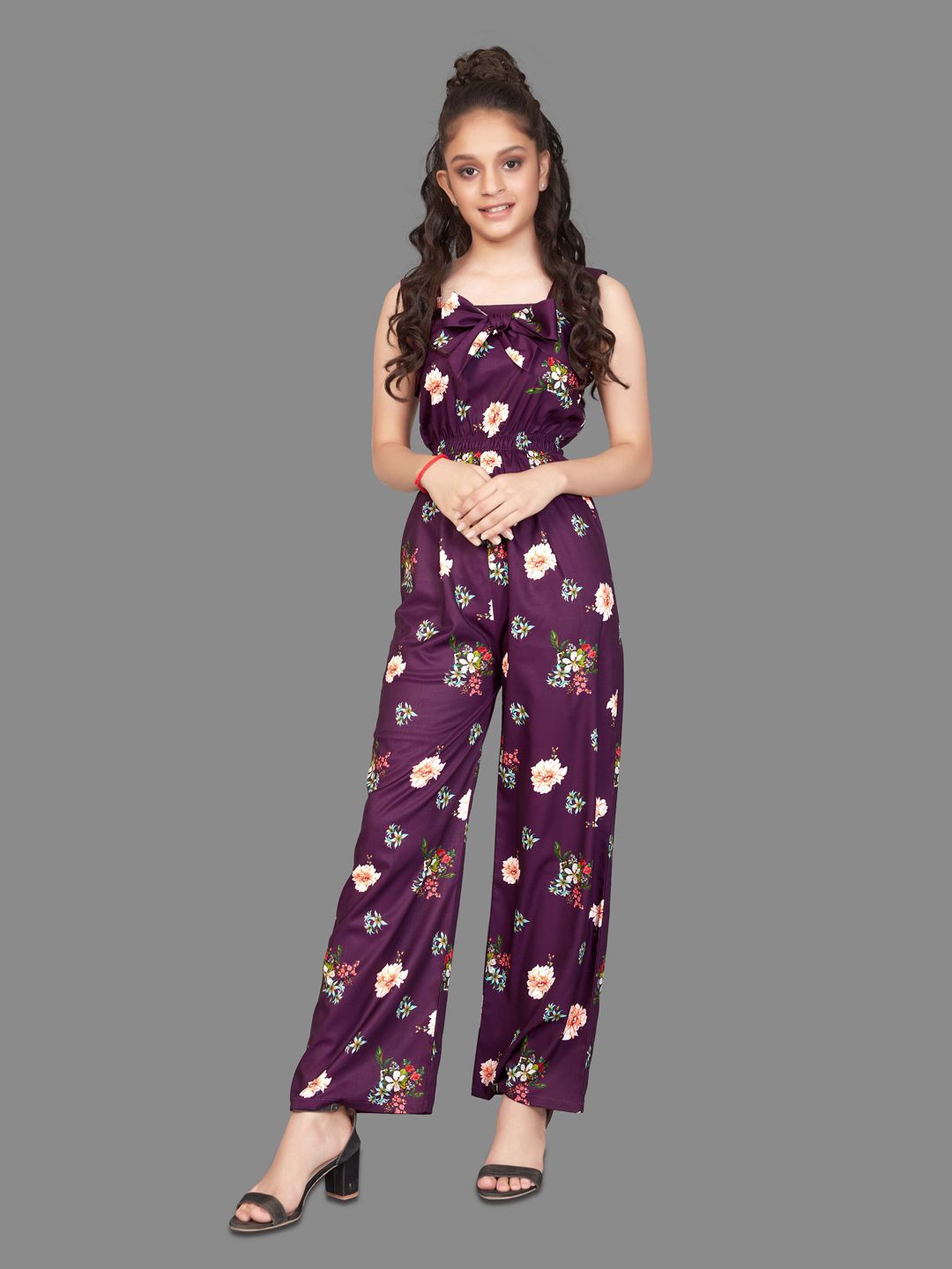 

BAESD Girls Floral Printed Waist Tie-Ups Basic Jumpsuit, Purple