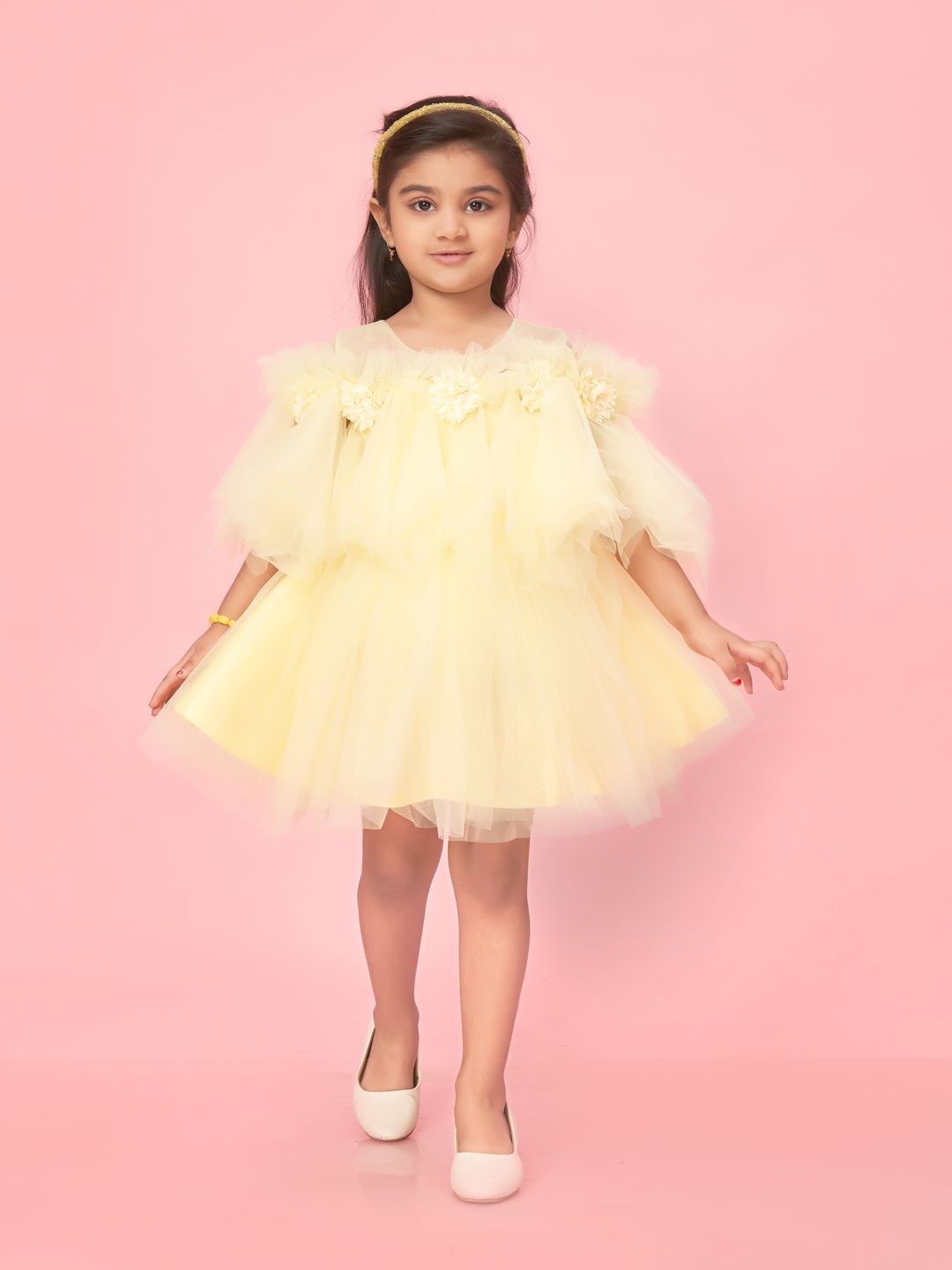 

BAESD Girls Applique Ruffle Detail Net Fit & Flare Dress, Yellow