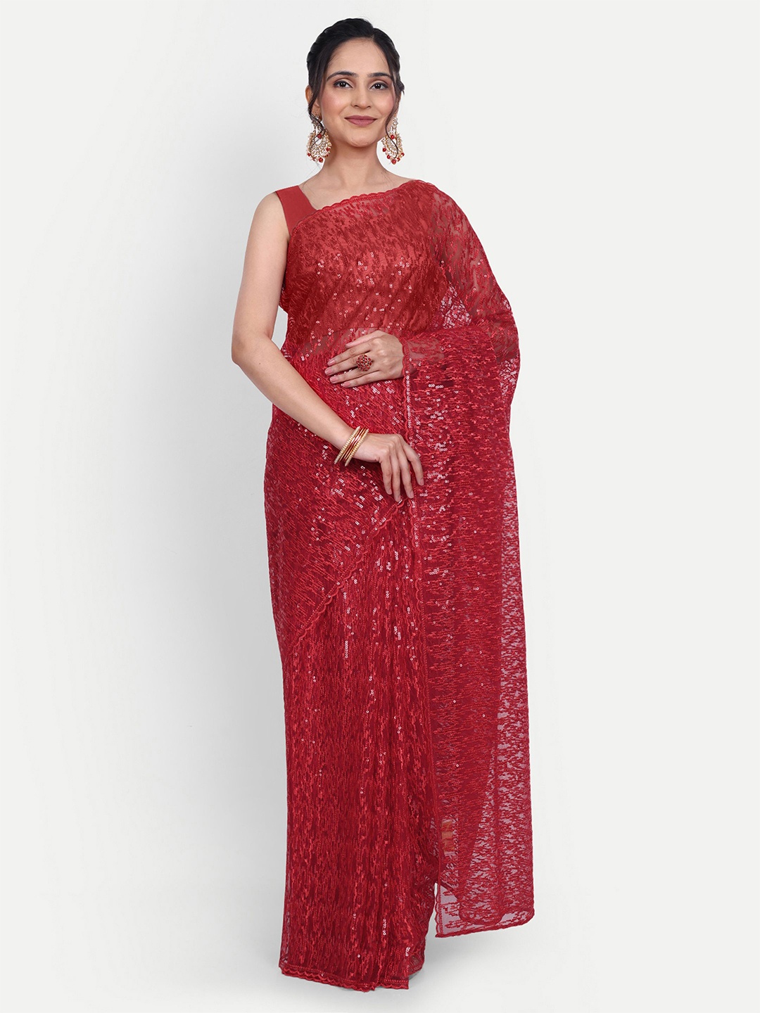 

LTS Label Tripti Saxena Embellished Embroidered Net Saree, Red