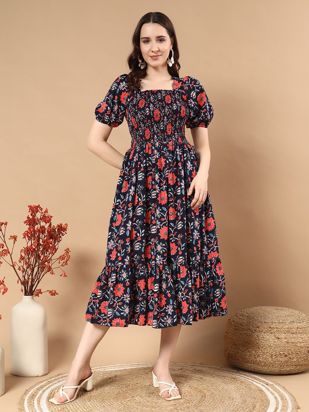 

DEKLOOK Floral Print Puff Sleeve Crepe Fit & Flare Midi Dress, Blue