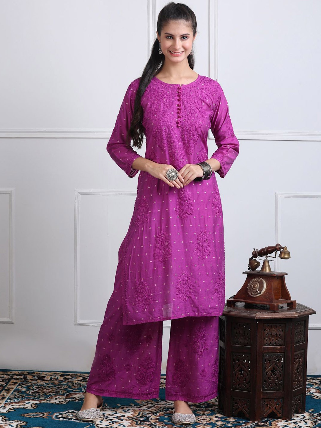 

KHAKA Floral Embroidered Chikankari Chanderi Silk Straight Kurta With Palazzos, Purple