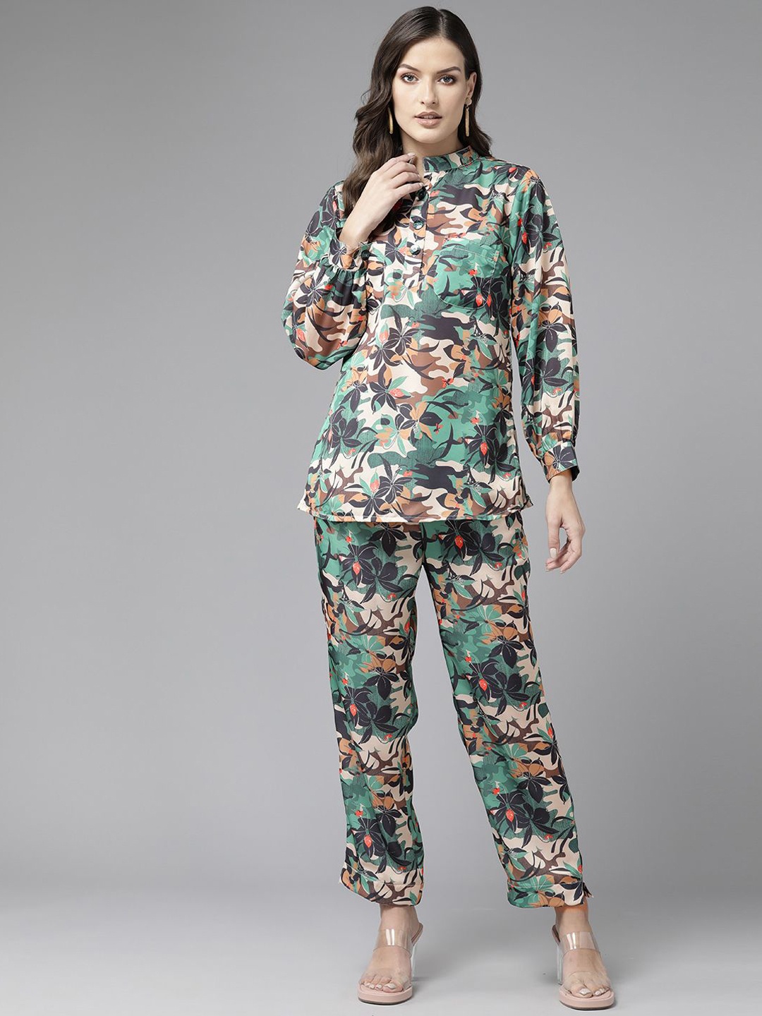 

BAESD Floral Printed Silk Tunic With Trousers, Green