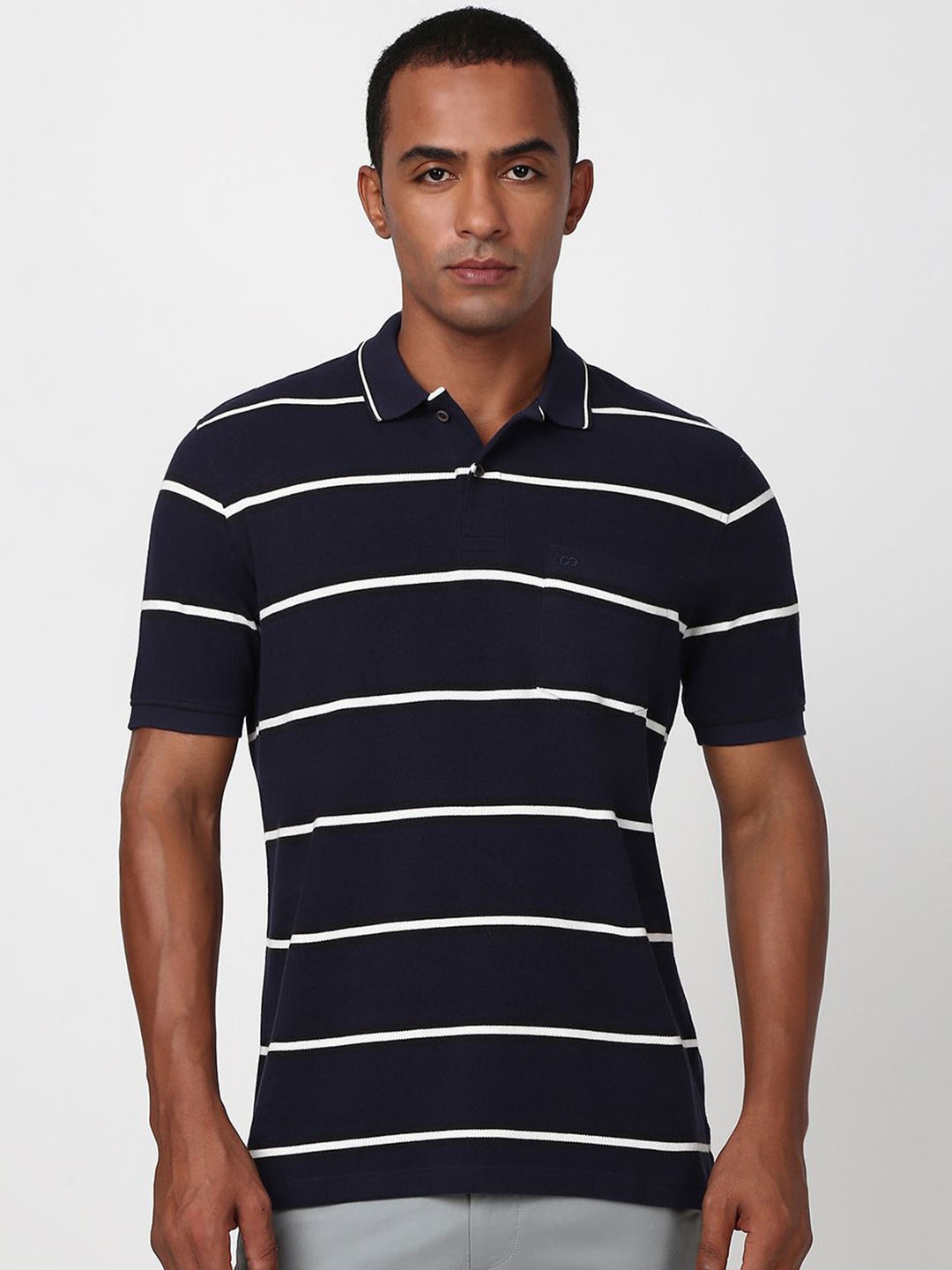 

Peter England Men Striped Polo Collar Pockets T-shirt, Navy blue