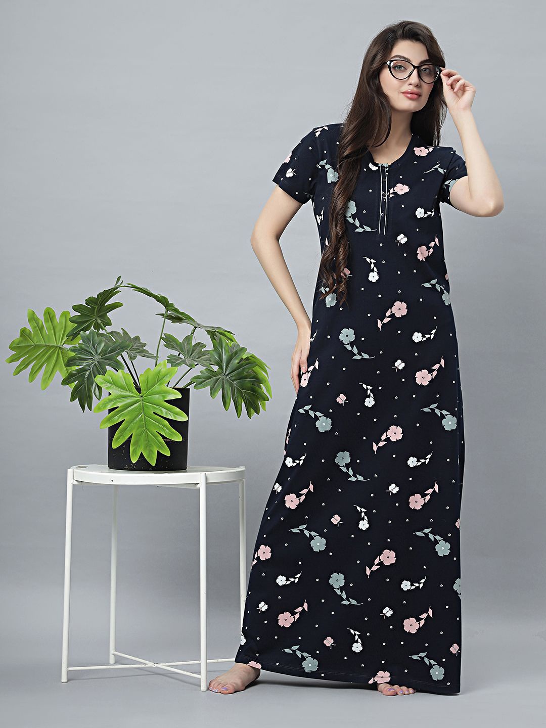 

QUIRA Printed Pure Cotton Maxi Nightdress, Navy blue