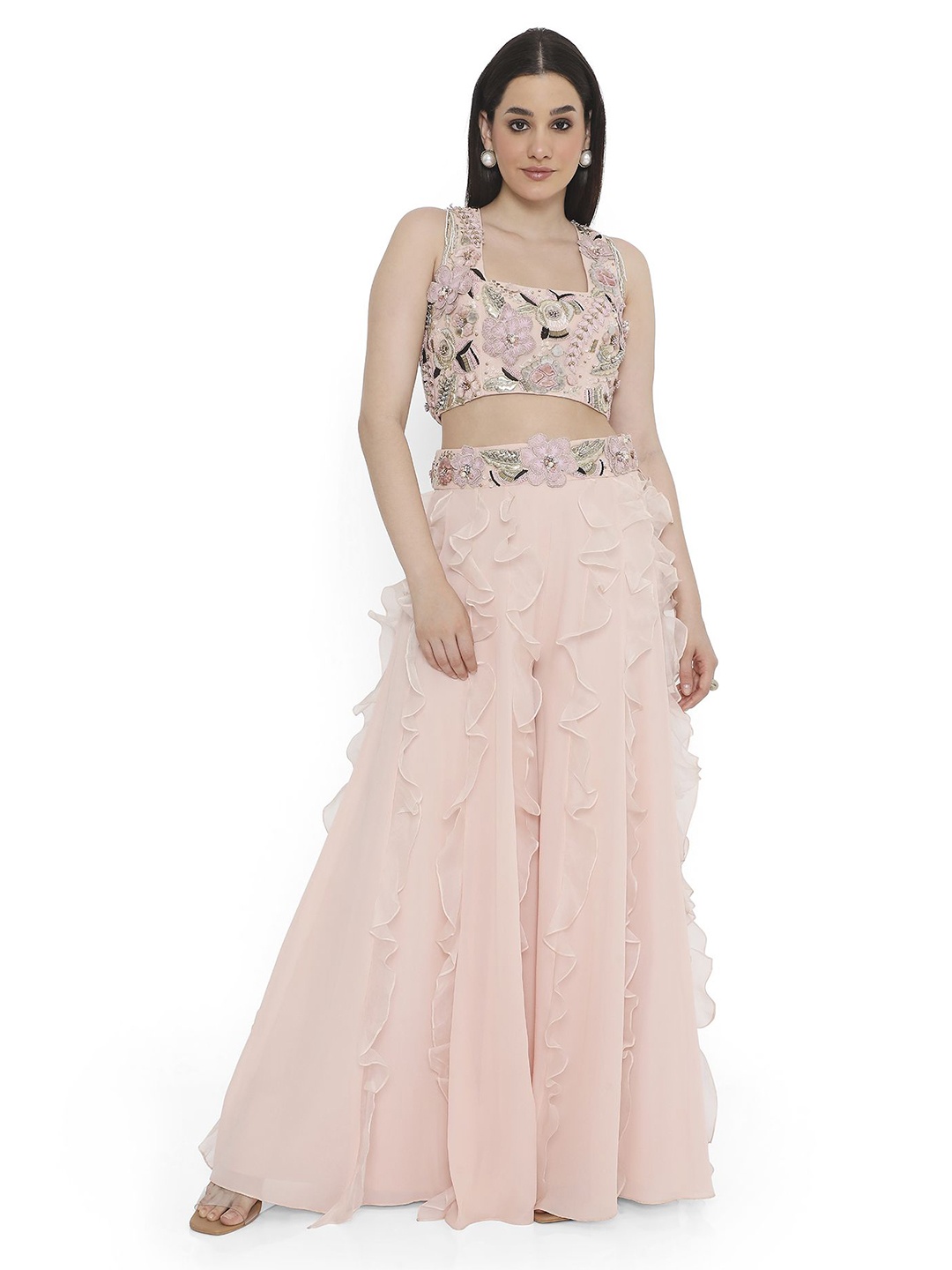 

Payal Singhal Embroidered Sleeveless Top & Flared Saharara Co-Ords, Pink