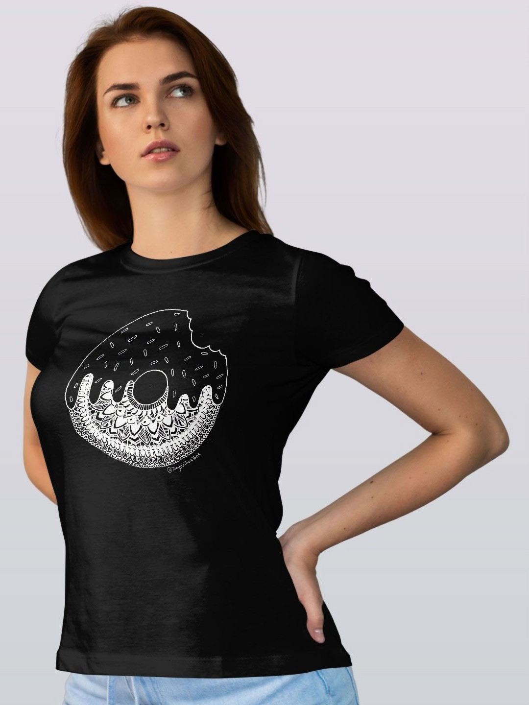 

macmerise Women Printed Monochrome Applique T-shirt, Black