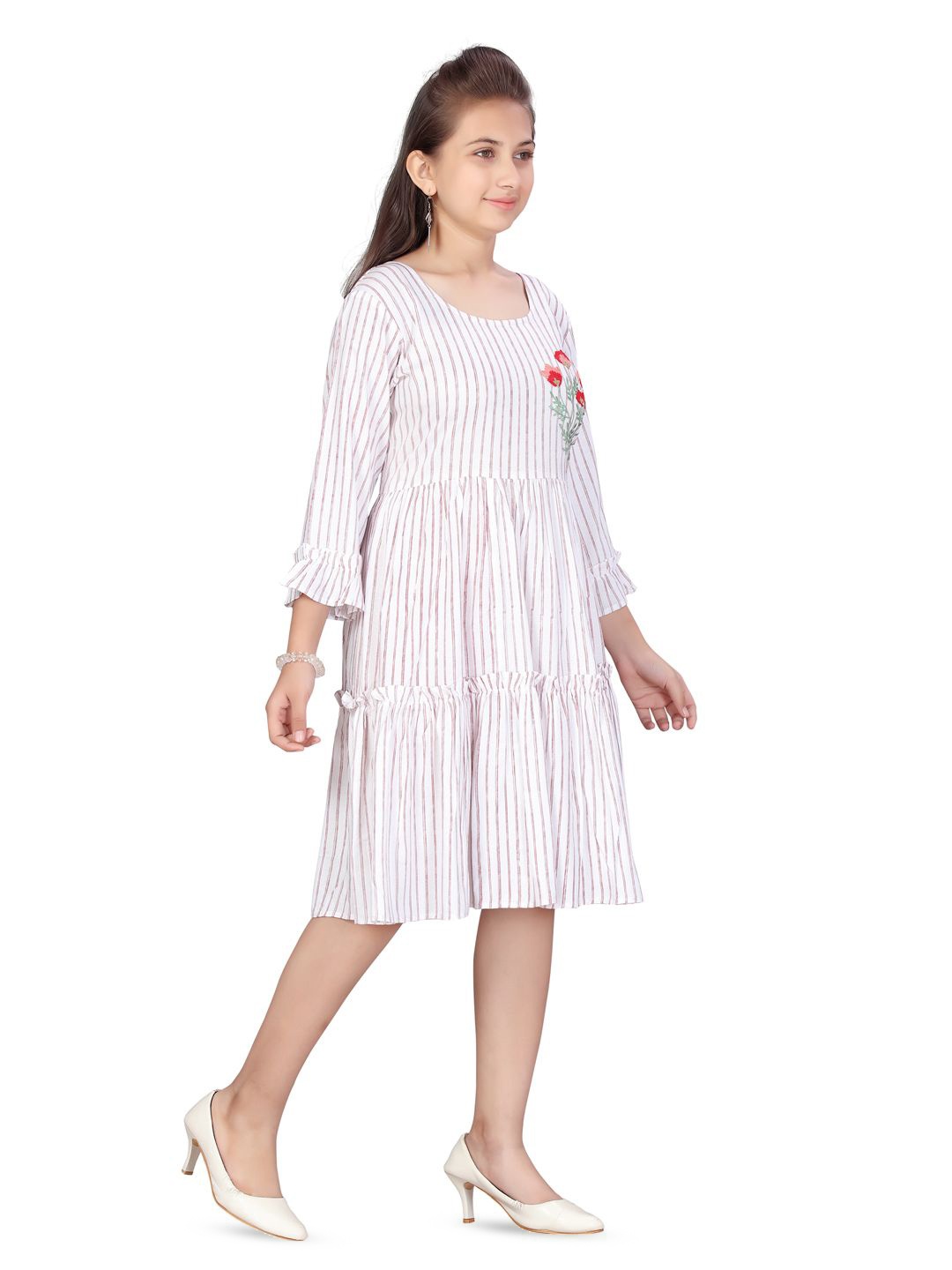 

BAESD Girls Striped Round Neck Cotton A-Line Dress, White