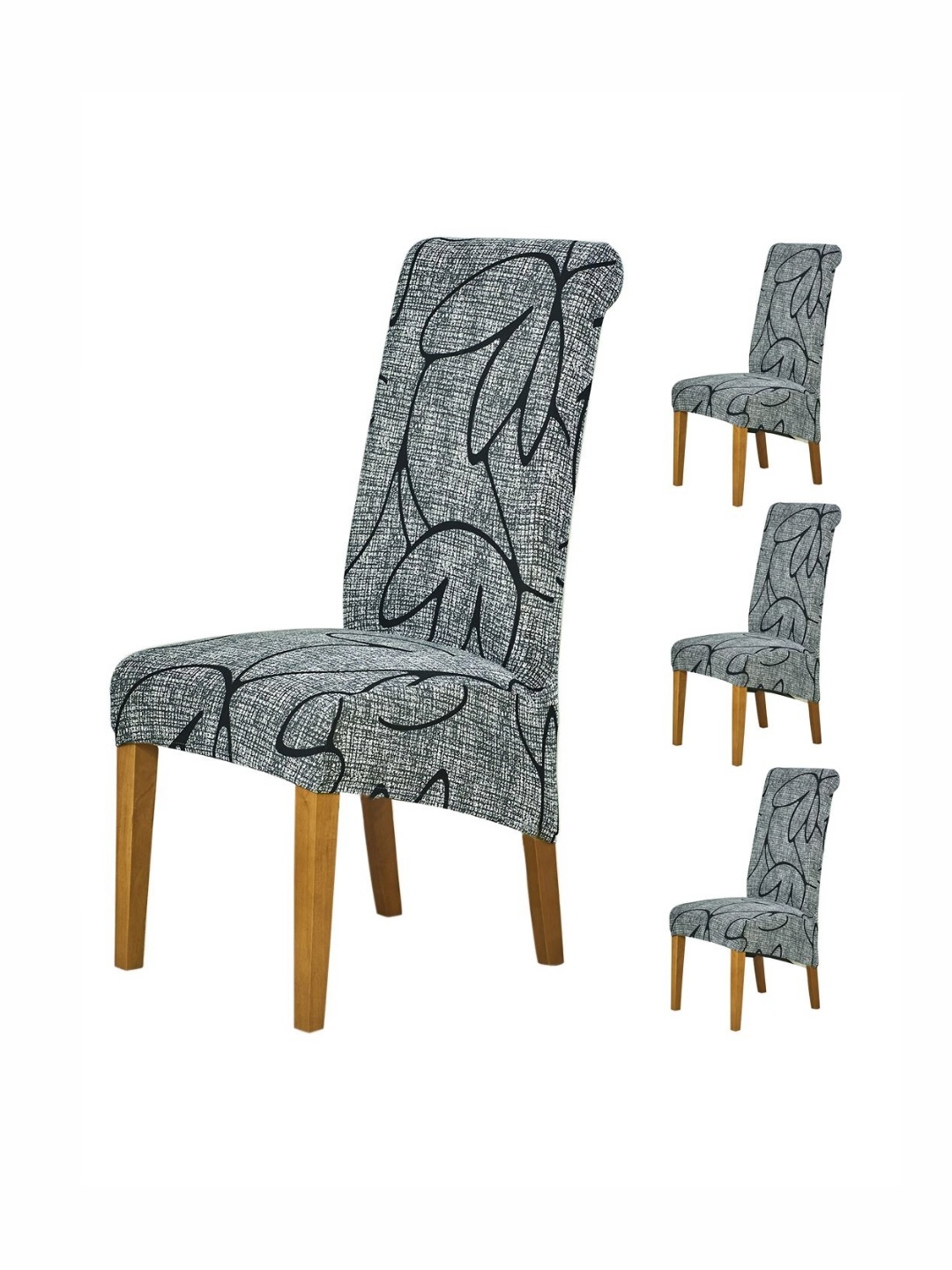 

HOKIPO Grey & Black 4 Pieces Printed 140 GSM Long Back Dining Chair Covers