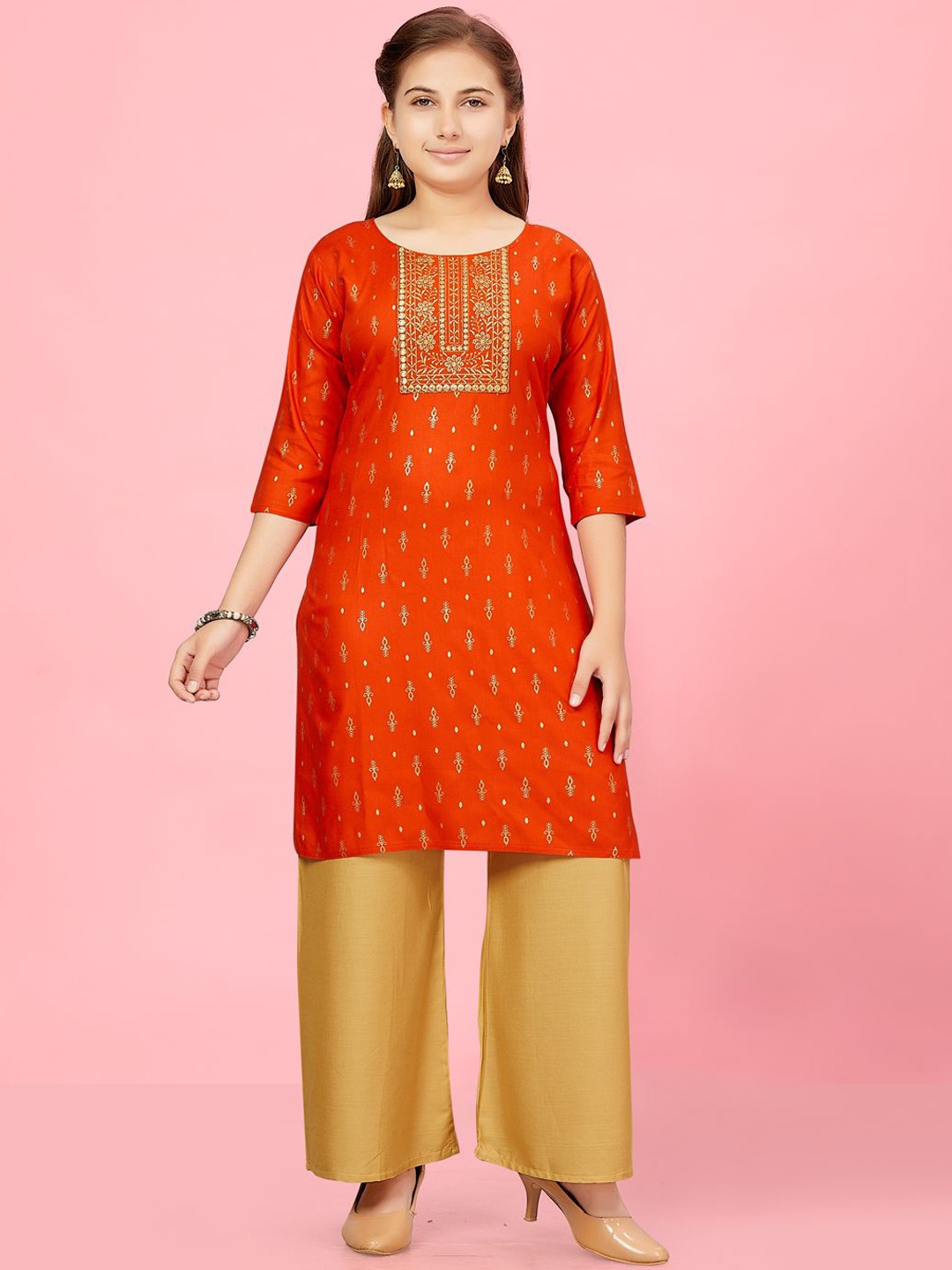 

BAESD Girls Ethnic Motifs Printed Thread Work Cotton Straight Kurta, Orange