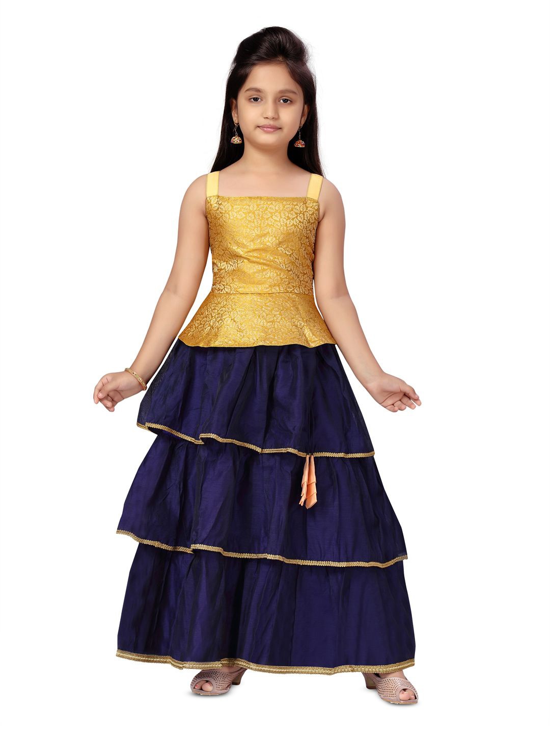 

BAESD Girls Woven Design Square Neck Zari Silk Ready to Wear Lehenga & Choli, Yellow