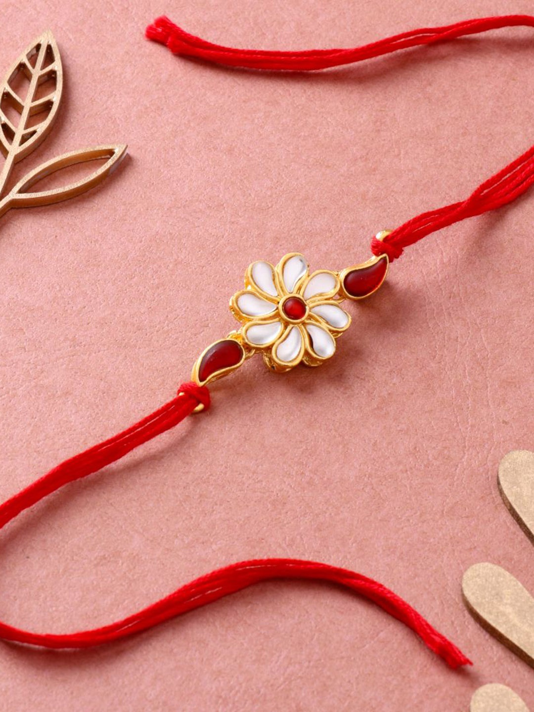 

Floweraura One Ethnic Kundan Fanc Beaded Thread Rakhi with Roli Chawal, Red