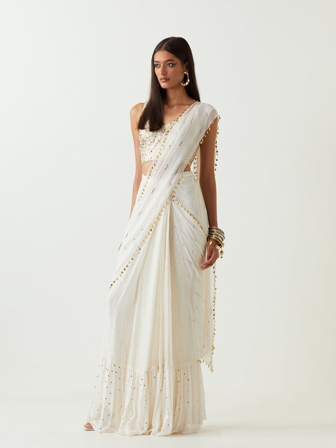 

Payal Singhal Embellished Sequinned Pre-Stitched Saree, White