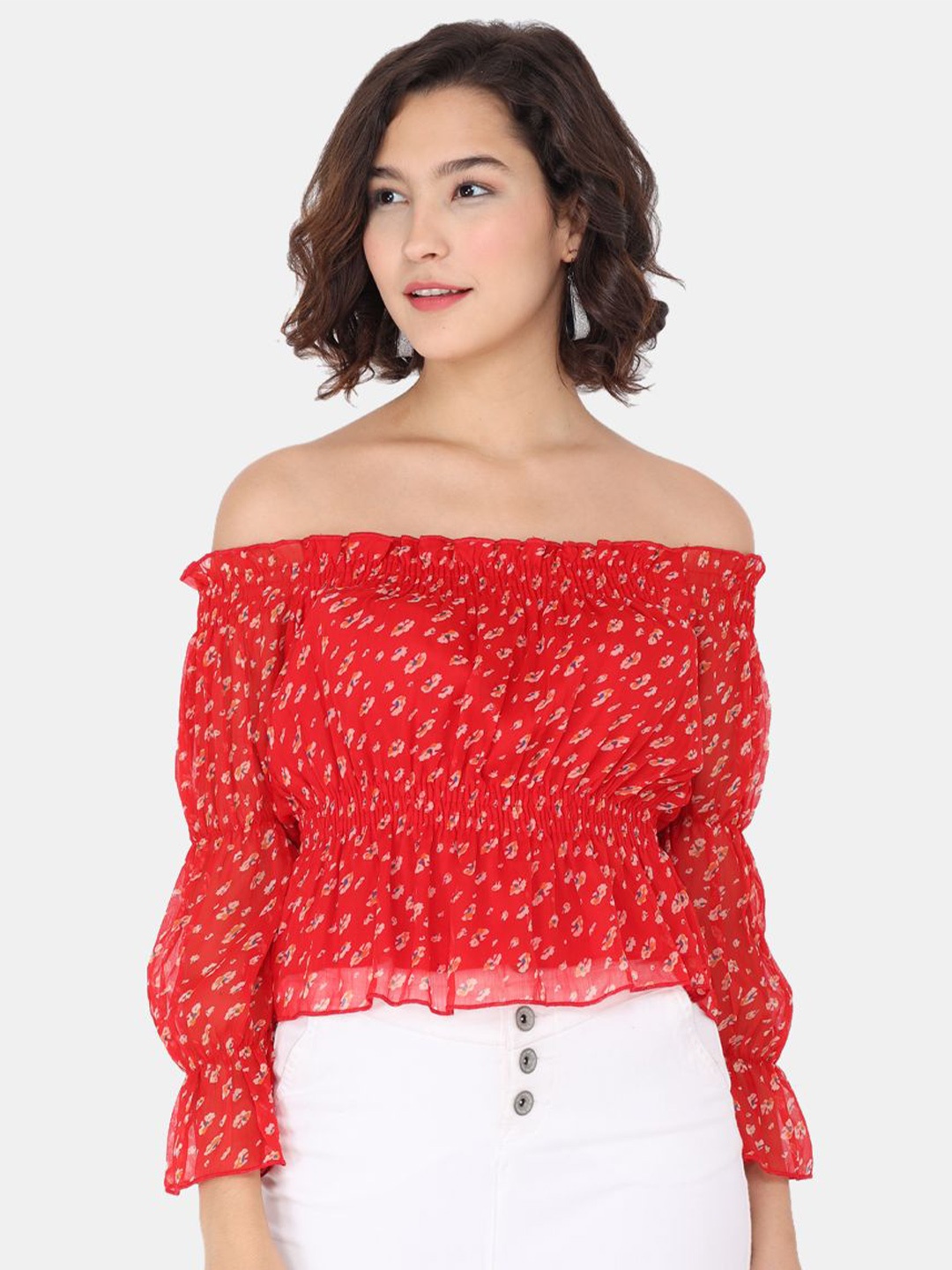 

Trend Arrest Floral Print Off-Shoulder Chiffon Bardot Top, Red