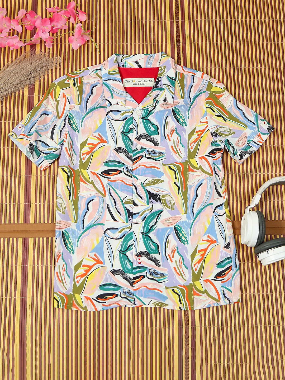 

The Lion and The Fish Boys Comfort Cuban Collar Abstract Printed Relaxed Fit Casual Shirt, Peach