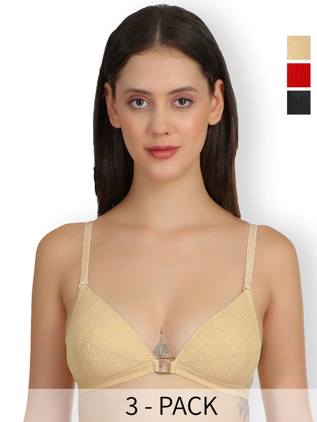 

SELFCARE Women Pack of 3 Half Coverage Lightly Padded Bra, Red