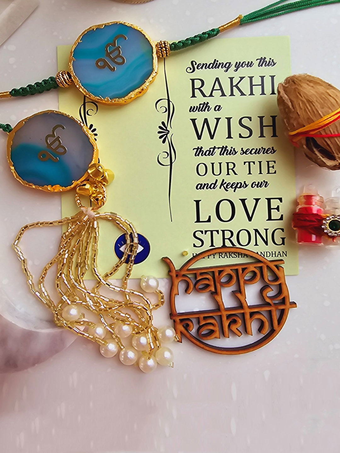 

HOMEARTE Agate Stone Bhaiya Bhabhi Thread Rakhi With Roli Chawal, Green