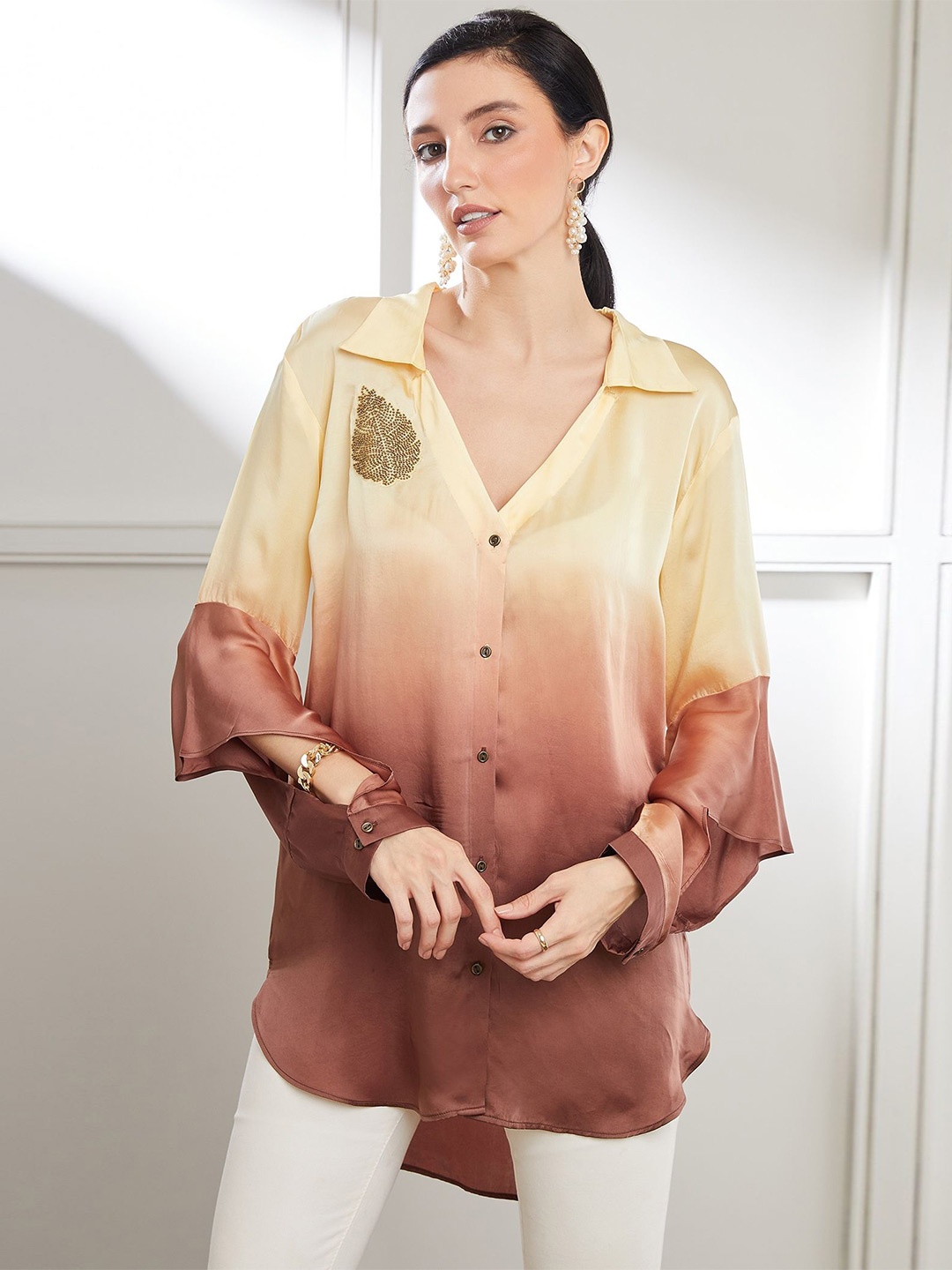 

SEVENDC Ombre Extended Sleeves Satin Shirt Style Top, Yellow