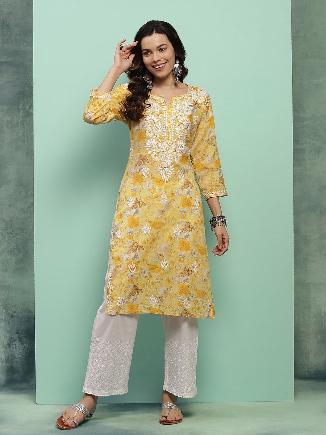 

House of Chikankari Chikankari Printed Kurta, Yellow