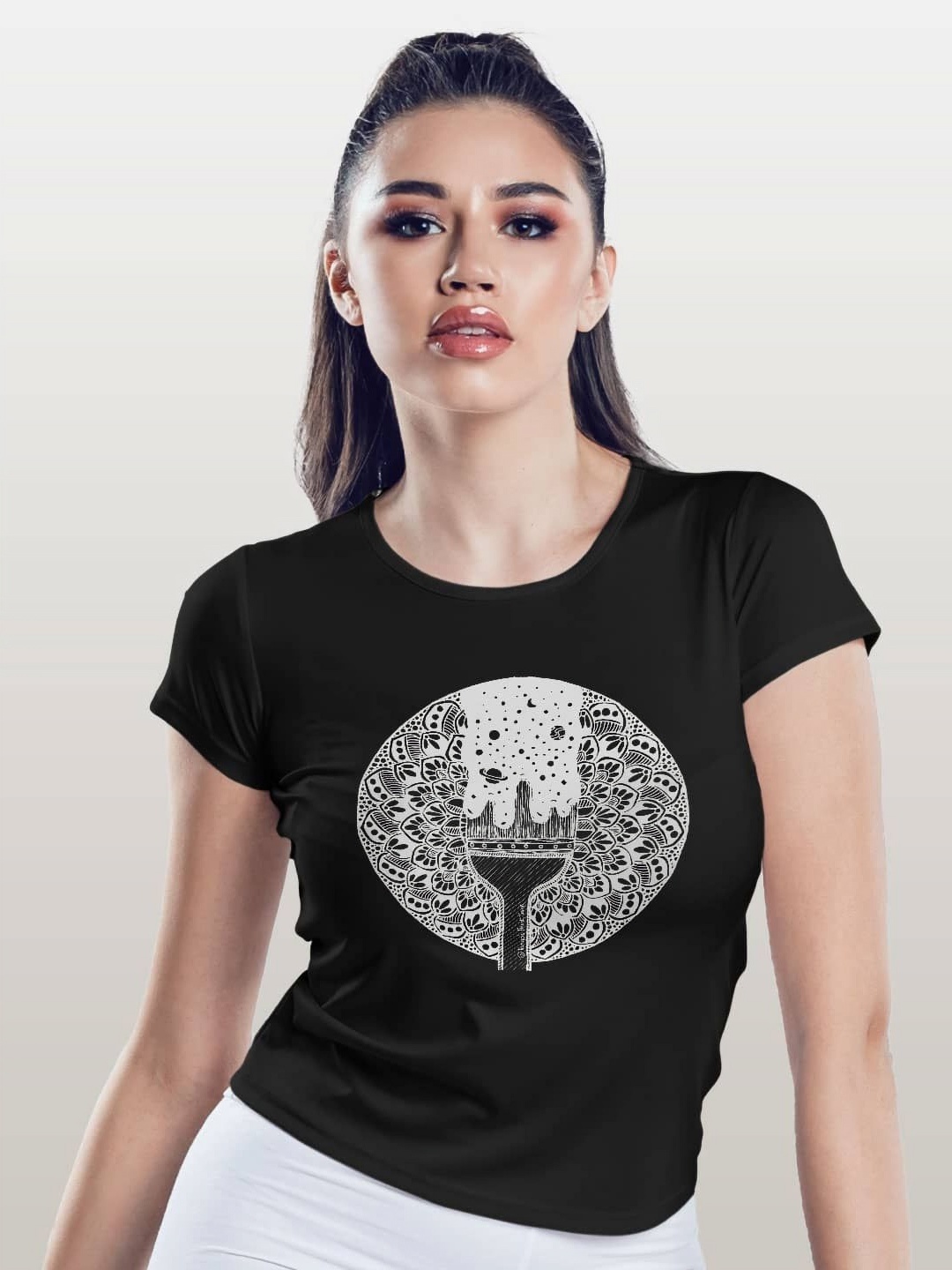 

macmerise Women Printed Pockets T-shirt, Black