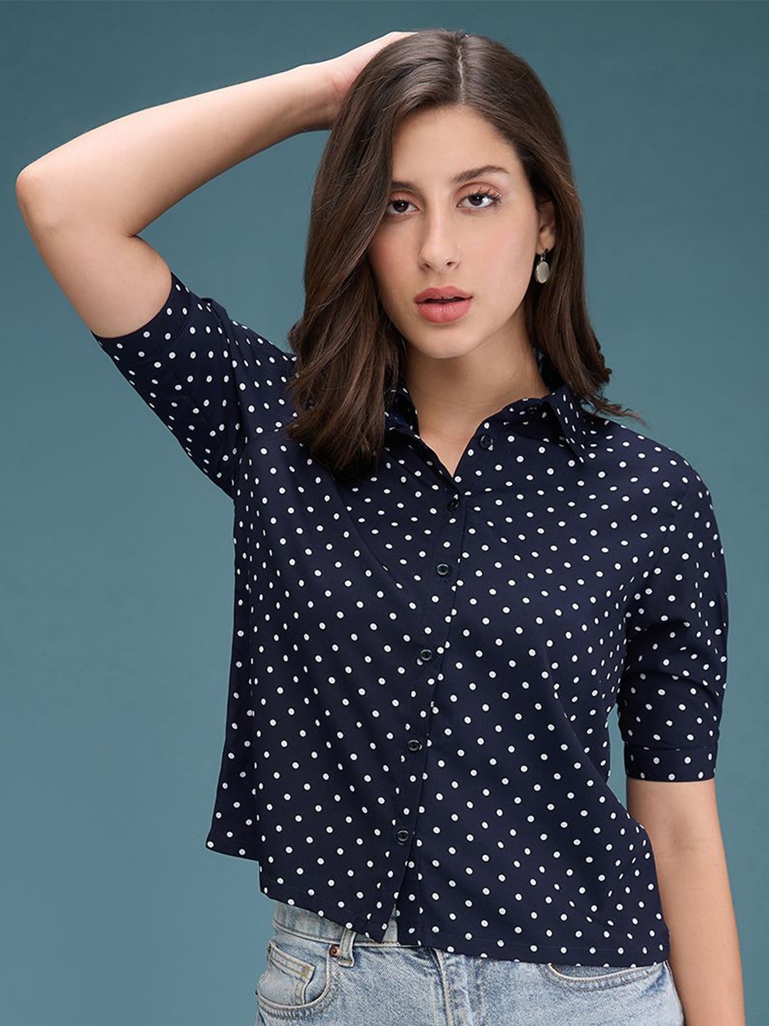 

DressBerry Women Spread Collar Geometric Printed Polyester Casual Shirt, Navy blue