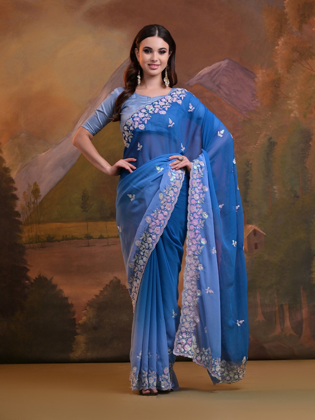 

QVAZOR Floral Sequinned Pure Georgette Saree, Blue