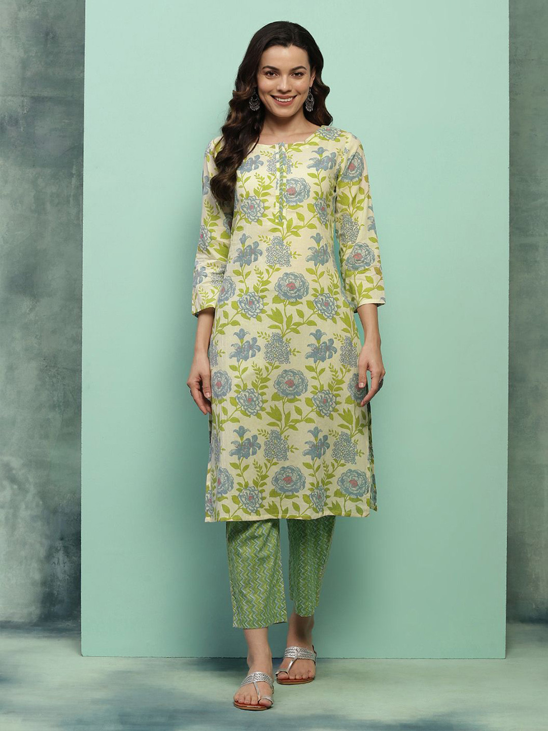 

House of Chikankari Floral Printed Kurta Set, Cream