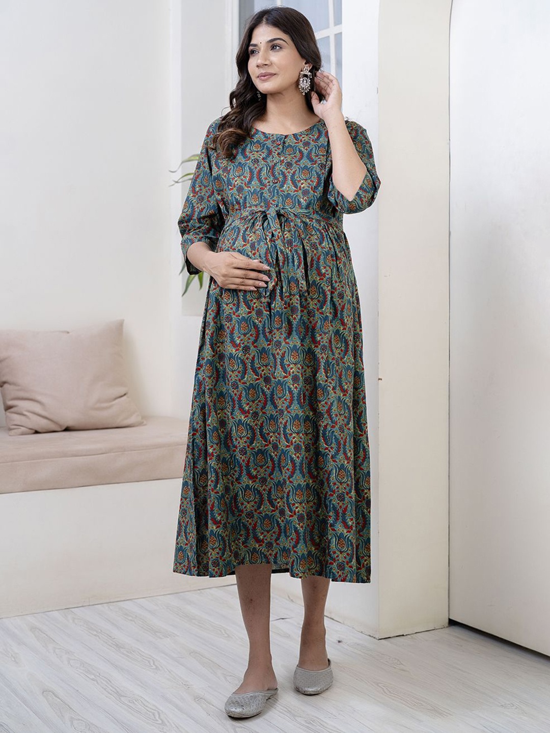

Nayo Floral Printed Cotton Maternity Empire Midi Dress, Navy blue