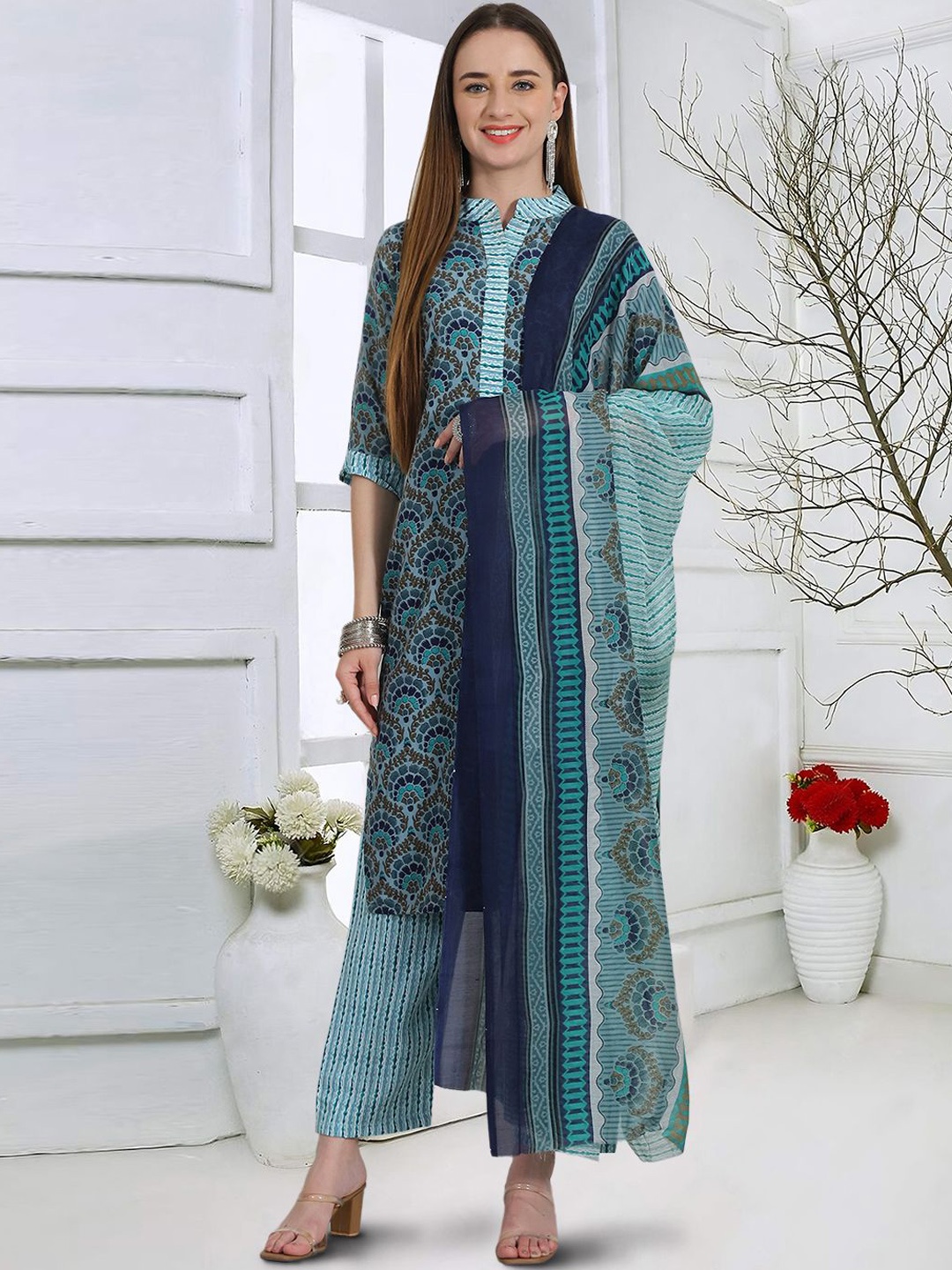 

7Threads Ethnic Motifs Regular Pure Cotton Kurta with Trousers & Dupatta, Teal
